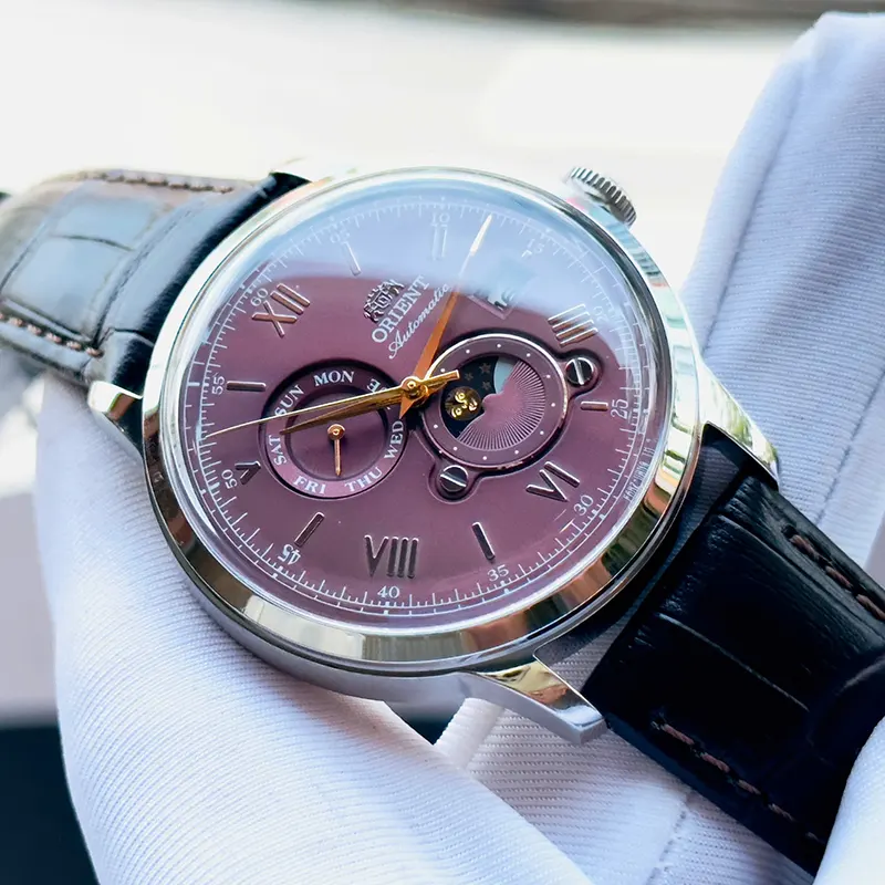 Orient Bambino Sun and Moon Bordeaux Dial Men's Watch- RA-AK0807R